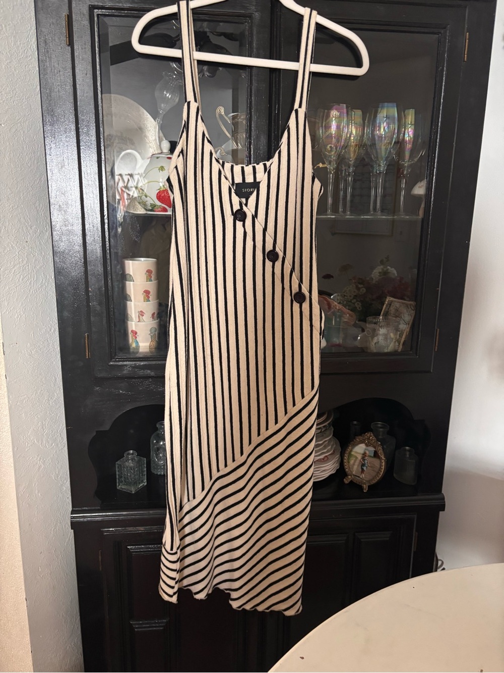 Storia Black and Beige Striped Midi Slip Dress